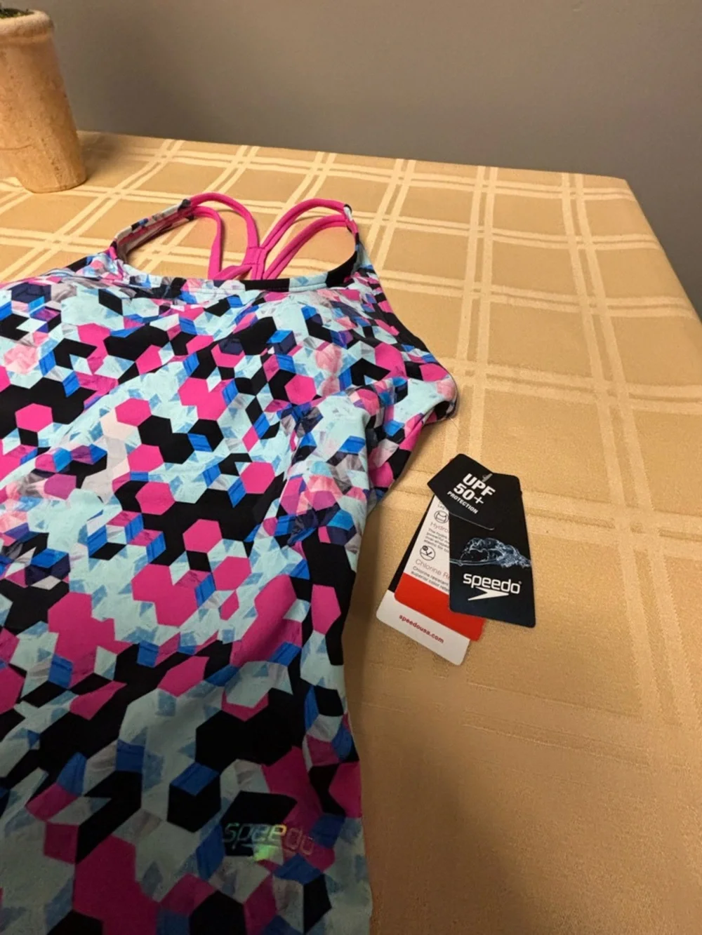 Speedo Colorful Geometric One-Piece Swimsuit - Pink, Black, Blue - Picture 6 of 7